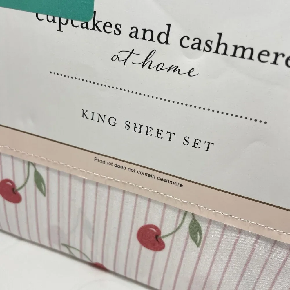 Cupcakes & Cashmere King Sheet Set Cherry Print Pink Stripe 4 Pc Microfiber New